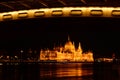 Night panorama of the Hungarian Parliament in Budapest. view from under the Margaret bridge Royalty Free Stock Photo
