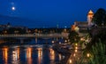 Night panorama of the Narva castle with the tower High Herman, Narva, Estonia. In the foreground is the city promenade Royalty Free Stock Photo