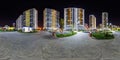 night panorama 360 near skyscraper multistory buildings with illumination of residential quarter complex in full equirectangular