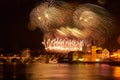 Prague centre panorama at night during new year fireworks Royalty Free Stock Photo