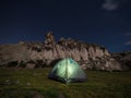 Night panorama of remote tent campsite on Marcahuasi andes plateau rock formations hill nature landscape Lima Peru