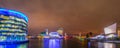 Night panorama of Salford quays with Media city UK, Lowry theater and the imperial war museum north in Manchester, England