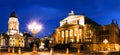 Night panoramic. Gendarmenmarkt square with German Cathedral