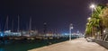 Night panoramic landscape view of Barcelona sea coast in summer night. Seaside of the Mediterranean Sea in Barcelona, Spain, South Royalty Free Stock Photo