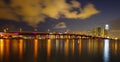 Night panoramic photo of Miami landscape. Bayside Marketplace Miami Downtown behind MacArthur Causeway from Venetian Royalty Free Stock Photo