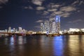 Night panoramic photo of Miami landscape. Bayside Marketplace Miami Downtown behind MacArthur Causeway from Venetian Royalty Free Stock Photo