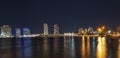 Night panoramic photo of Miami landscape. Bayside Marketplace Miami Downtown behind MacArthur Causeway from Venetian