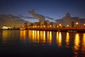 Night panoramic photo of Miami landscape. Bayside Marketplace Miami Downtown behind MacArthur Causeway from Venetian