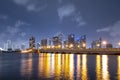 Night panoramic photo of Miami landscape. Miami Downtown behind MacArthur Causeway shot from Venetian Causeway.