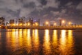 Night panoramic photo of Miami landscape. Miami Downtown behind MacArthur Causeway shot from Venetian Causeway.