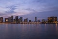 Night panoramic photo of Miami landscape. Miami Downtown behind MacArthur Causeway shot from Venetian Causeway.