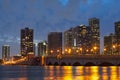 Night panoramic photo of Miami landscape. Miami Downtown behind MacArthur Causeway shot from Venetian Causeway.