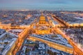 Night panoramic view from the aerial view of the center of St. Petersburg. St. Isaac`s Cathedra