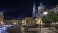 Night view of the illuminated malostranske namesti square timelapse hyperlapse in prague