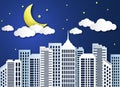 Night in paper city. Paper contemporary landscape with skyscraper buildings, sky and moon vector winter snow panorama Royalty Free Stock Photo