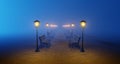 Night park blue fog alley bench lantern. Surrealistic cartoon minimalistic scene lonely, empty. Cinematic light glowing smoke. 3D