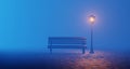 Night park blue fog bench lantern. Surrealistic cartoon minimalistic scene lonely, empty. Cinematic light glowing smoke. 3D