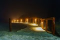 Night park in impenetrable heavy fog. Background with copy space. Path of a dark alley with illumination Royalty Free Stock Photo