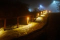 Night park in impenetrable heavy fog. Background with copy space. Path of a dark alley with illumination Royalty Free Stock Photo