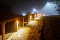 Night park in impenetrable heavy fog. Background with copy space. Path of a dark alley with illumination Royalty Free Stock Photo