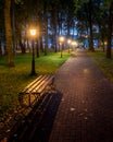 A night park lit by lanterns with a stone pavement, trees, fallen leaves and benches in early autumn Royalty Free Stock Photo