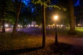 A night park lit by lanterns with a stone pavement, trees, fallen leaves and benches in early autumn Royalty Free Stock Photo