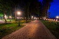 A night park lit by lanterns with a stone pavement, trees, fallen leaves and benches in early autumn Royalty Free Stock Photo