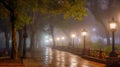 Night park after rain, illuminated by lanterns Royalty Free Stock Photo