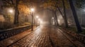 Night park after rain, illuminated by lanterns Royalty Free Stock Photo