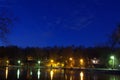 Night park street view with lake and trees 2