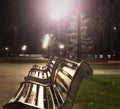 Night park view of three benches and lights Royalty Free Stock Photo