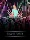 Night party. dj music and club dancers vector cartoon background poster