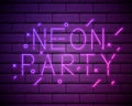 Night Party neon poster. Shiny banner club disco. Dj fun dance summer music invitation flyer isolated on brick wall