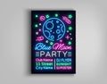 Night party poster design template in neon style. Blue moon night party neon sign, light banner, flyer bright nightlife Royalty Free Stock Photo