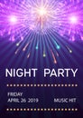 Night party poster with fireworks vector illustration. Fireworks festival bursting in various shapes and colors