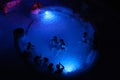 Night party in thermal bath in Budapest, Hungary. Royalty Free Stock Photo