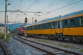 Night passenger train from Prague to Rijeka on its way over the Ljubljana marshes in early romantic morning with sunrise. Fast