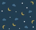 Night pattern with clouds, moons and stars. Vector background wallpaper with bedtime elements