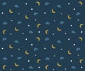 Night pattern with clouds, moons and stars. Vector background wallpaper