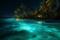 night luminous palm tropical vacation ocean paradise blue beach sky tree. Generative AI.