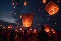 In the night people with their relatives and friends launch traditional lanterns. Tradition and travel. Generative AI