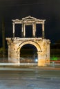 Night photo of Arch of Hadrian in Athens, Greece