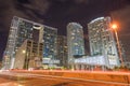 Night photo of Downtown Brickell. Light trail on bridge from moving traffic