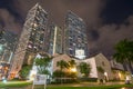 Night photo First Presbyterian Church Downtown Brickell Florida USA surrounded by skyscrapers in the city. key point christian