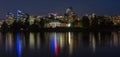 Night photo of the HMCS Discovery Naval station museum located on Deadmans Island on the nigth lights of Vancouver city