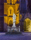 Night photo of of Holu Mother Statue in front St. John`s cathedral, Wroclaw, Poland