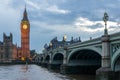 Night photo of Houses of Parliament with Big Ben from Westminster bridge, London, England, Great B Royalty Free Stock Photo