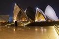 Night view of Iconic Sydney Opera House at the top of stairways Sydney New South Wales Australia
