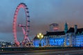 Night photo of The London Eye and County Hall from Westminster bridge, London, England, Great Brit Royalty Free Stock Photo