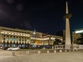 Night photo of the Memorial of Rebirth and Ministry of Internal Affairs situated on Victory avenue calea Victoriei in the center